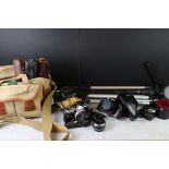 Cameras and accessories - Olympus OM-1 with case, Ricoh XR7 with case, five tripods, canvas case and