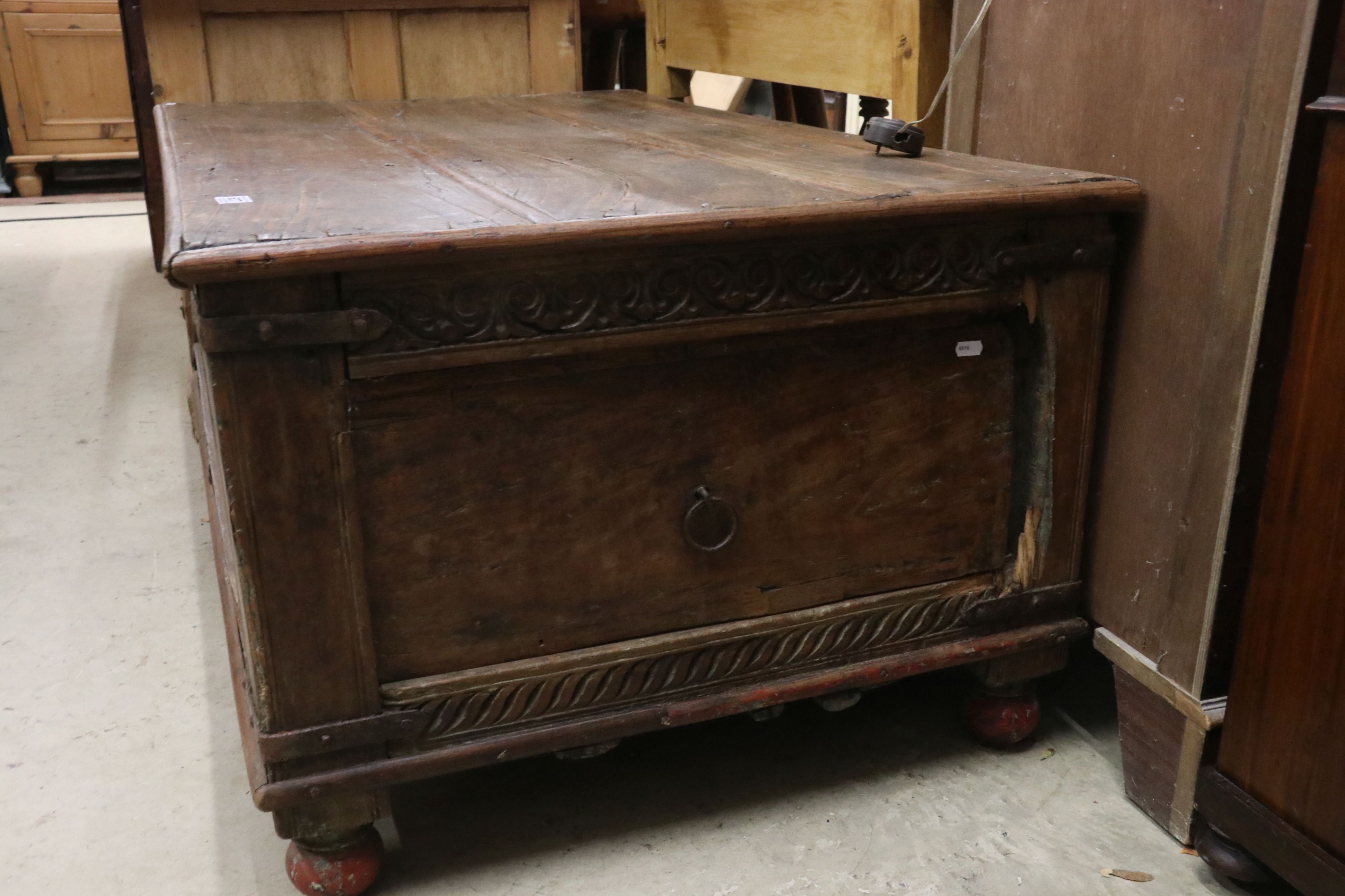 Indian Hardwood and Iron Bound Box Coffee Table, the panelled sides with carved frieze (one end with - Image 2 of 4