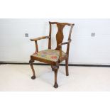 George II Walnut Elbow Chair with solid vase splat, upholstered drop in seat and carved cabriole