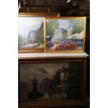 Three Mid century Oil Paintings on Canvas of Paris Scenes, the largest signed L Johne and