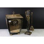 Aesthetic Gilt Metal Three Piece Companion Set on Stand together with a similar Lidded Coal Bucket