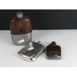 A collection of three hip flasks to include two leather covered and a pewter example.