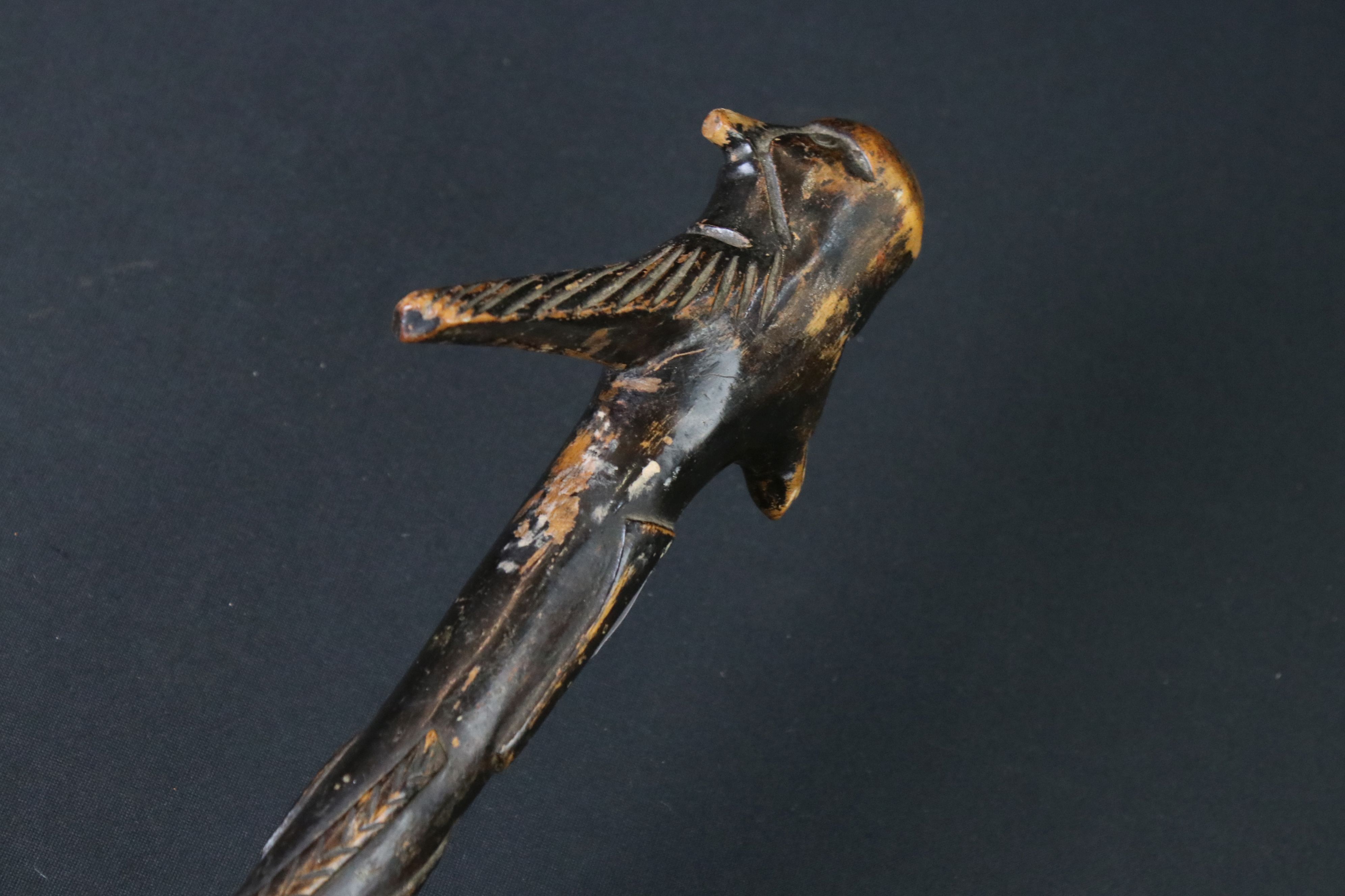 20th century tribal style carved wooden walking stick with figural two-faced handle; snake, animal - Image 3 of 7