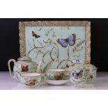 Royal Worcester porcelain cabaret tea set with hand painted butterfly, floral and foliate