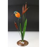 Cast metal and resin figure of a Kingfisher perched on a Bullrush, raised on a circular base, approx