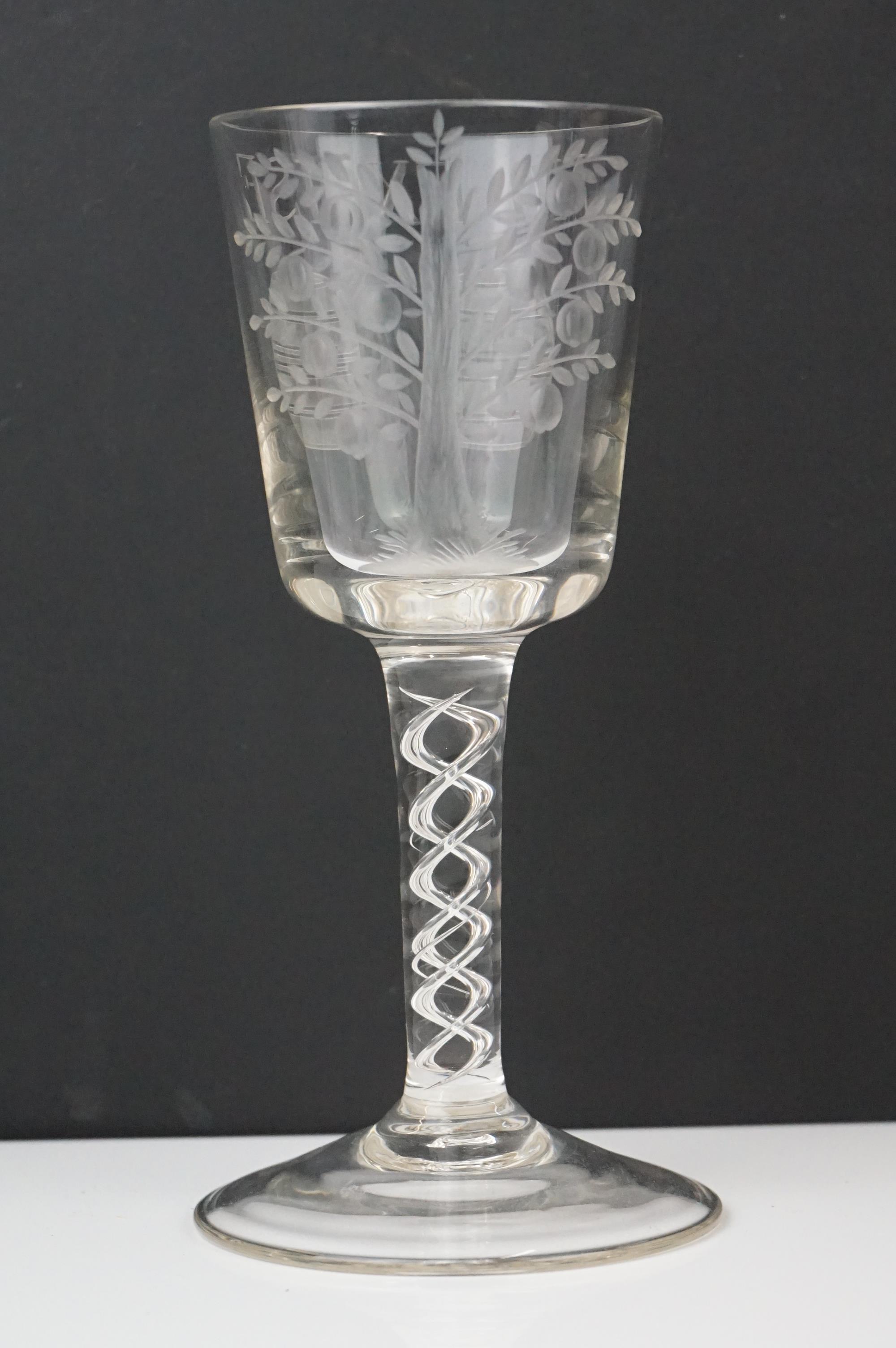 Antique ' No Excise ' Wine Glass, the bowl etched with two barrels to one side and an apple tree