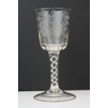 Antique ' No Excise ' Wine Glass, the bowl etched with two barrels to one side and an apple tree