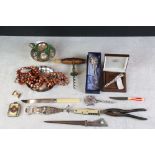 A box of mixed collectables to include a pair of fully hallmarked sterling silver sugar tongs marked