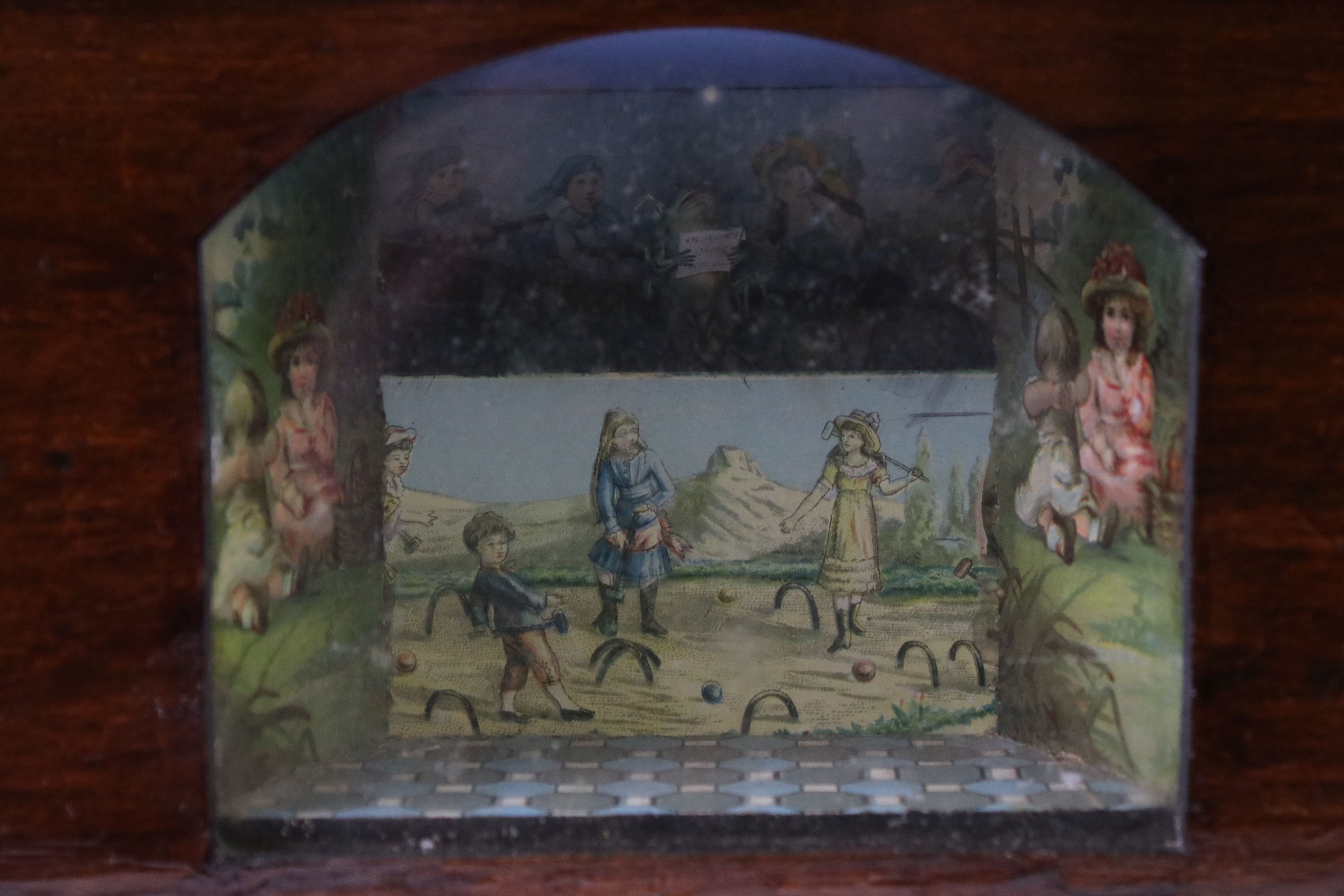 Novelty stained pine music box, with an arched glass panel to the front enclosing a - Image 2 of 9