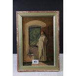 Oil on canvas, monastical scene of a monk at a window at his devotions, signed to bottom left corner