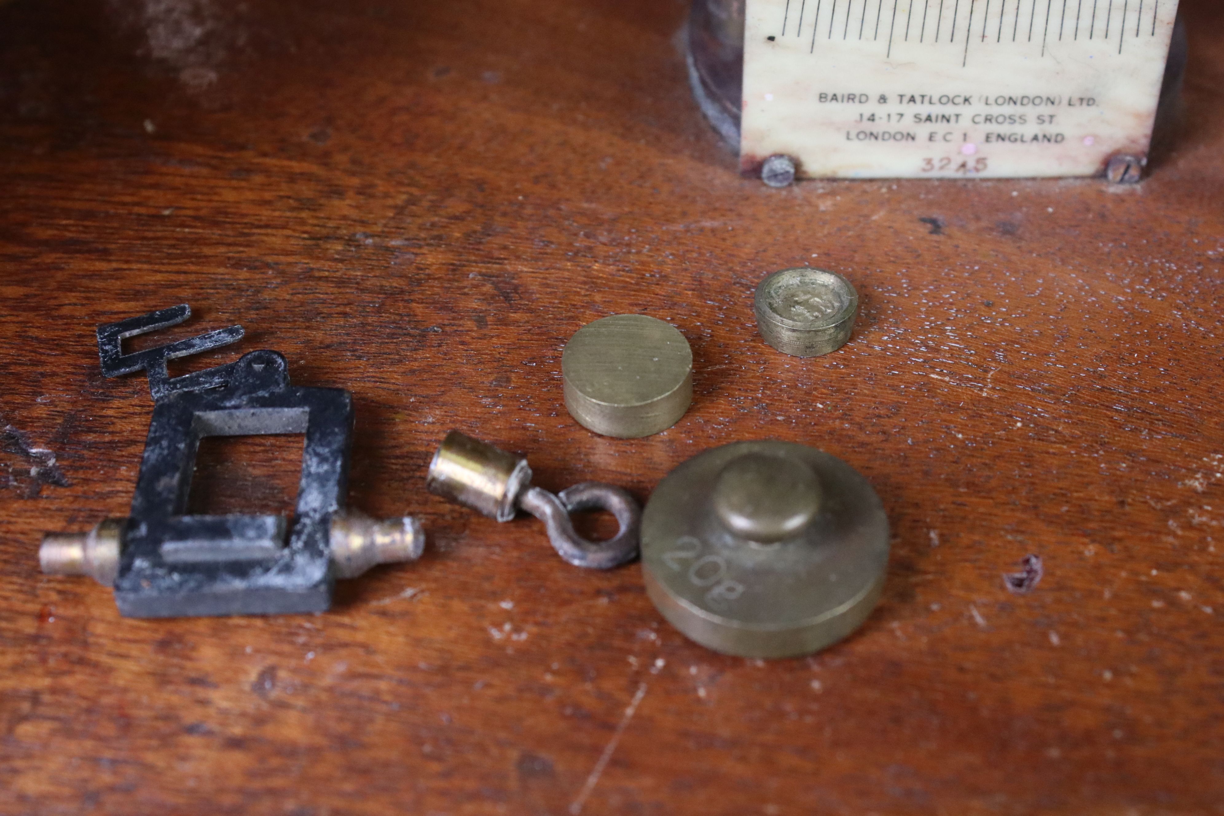 Baird & Tatlock, London set of vintage balance weighing scales housed within a wooden case, with - Image 6 of 7