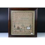Early 19th century needlework sampler by Mary Bank, dated June 16th 1826, featuring a house,