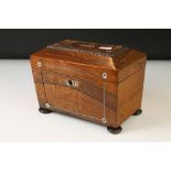 Early 19th century rosewood sarcophagus tea caddy, mother of pear inlaid decoration, the hinged