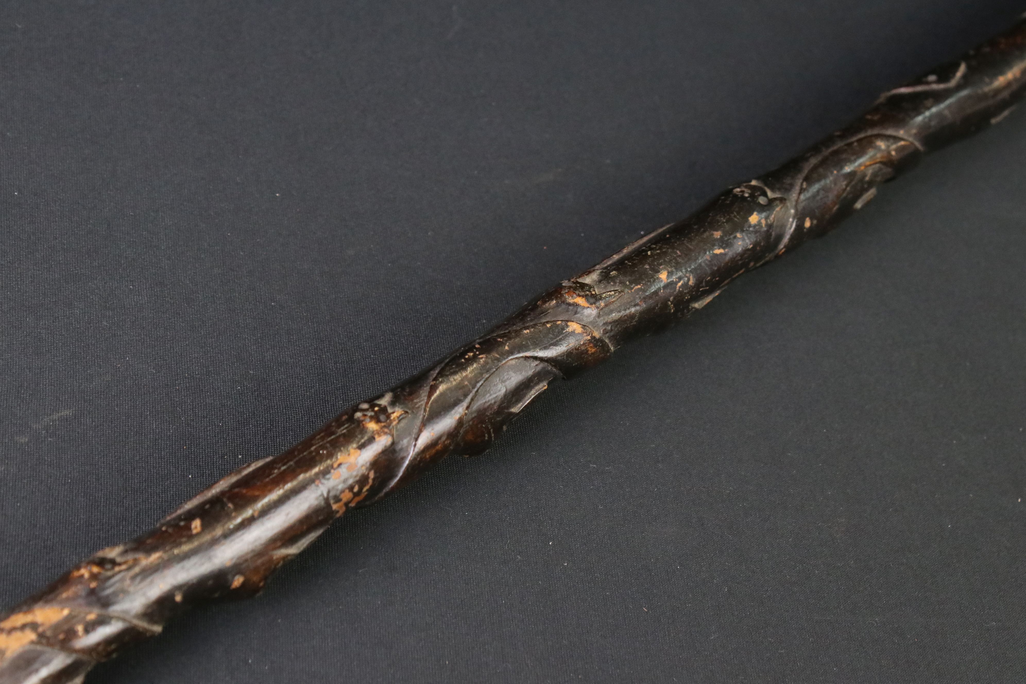 20th century tribal style carved wooden walking stick with figural two-faced handle; snake, animal - Image 5 of 7