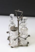 Hukin & Heath silver plate and clear cut crystal glass four piece cruet set on stand, after a design