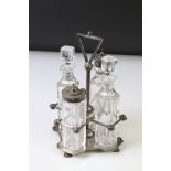 Hukin & Heath silver plate and clear cut crystal glass four piece cruet set on stand, after a design