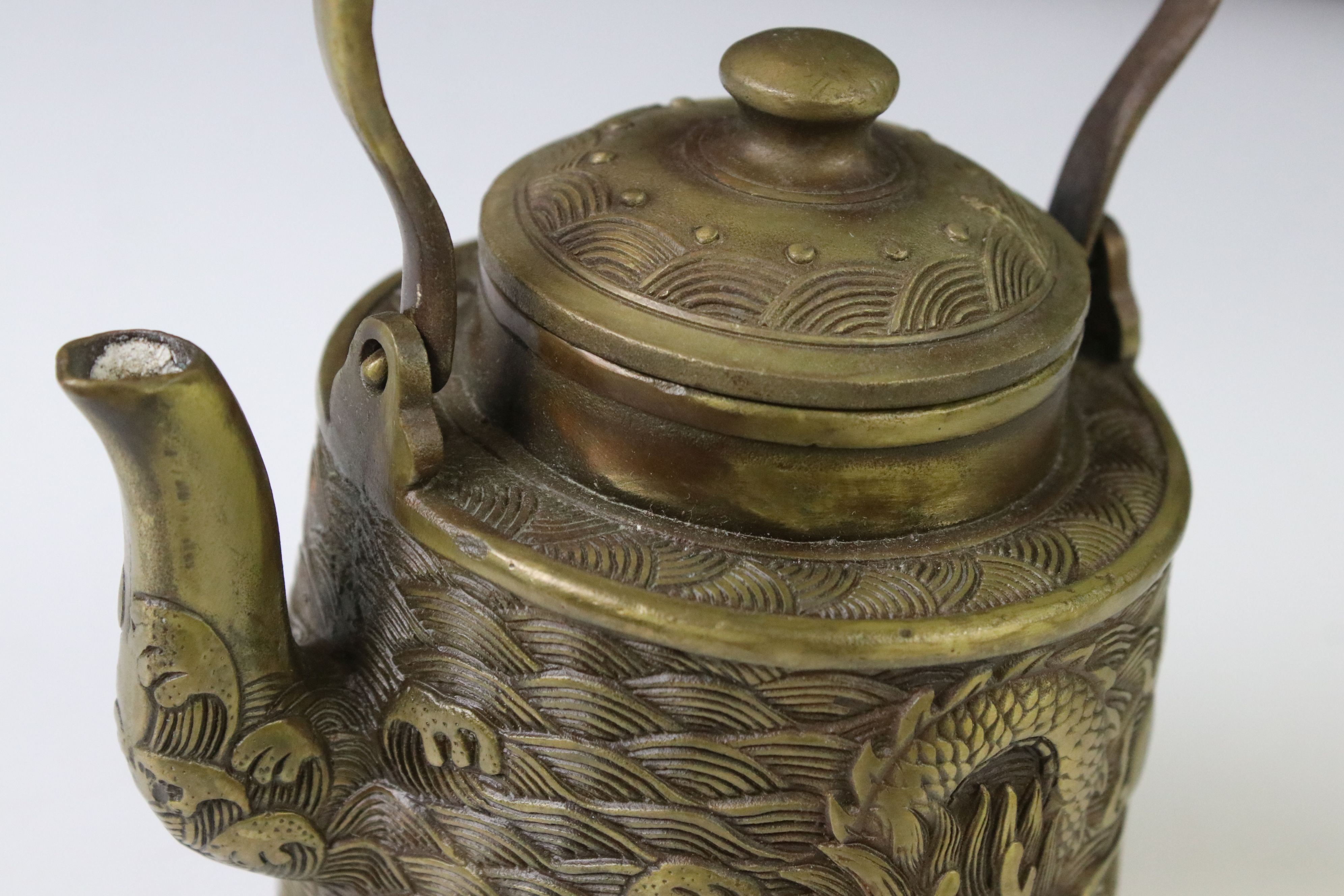 Chinese bronze teapot & cover with relief dragon and wave decoration, hinged handle, 4 character - Image 2 of 5