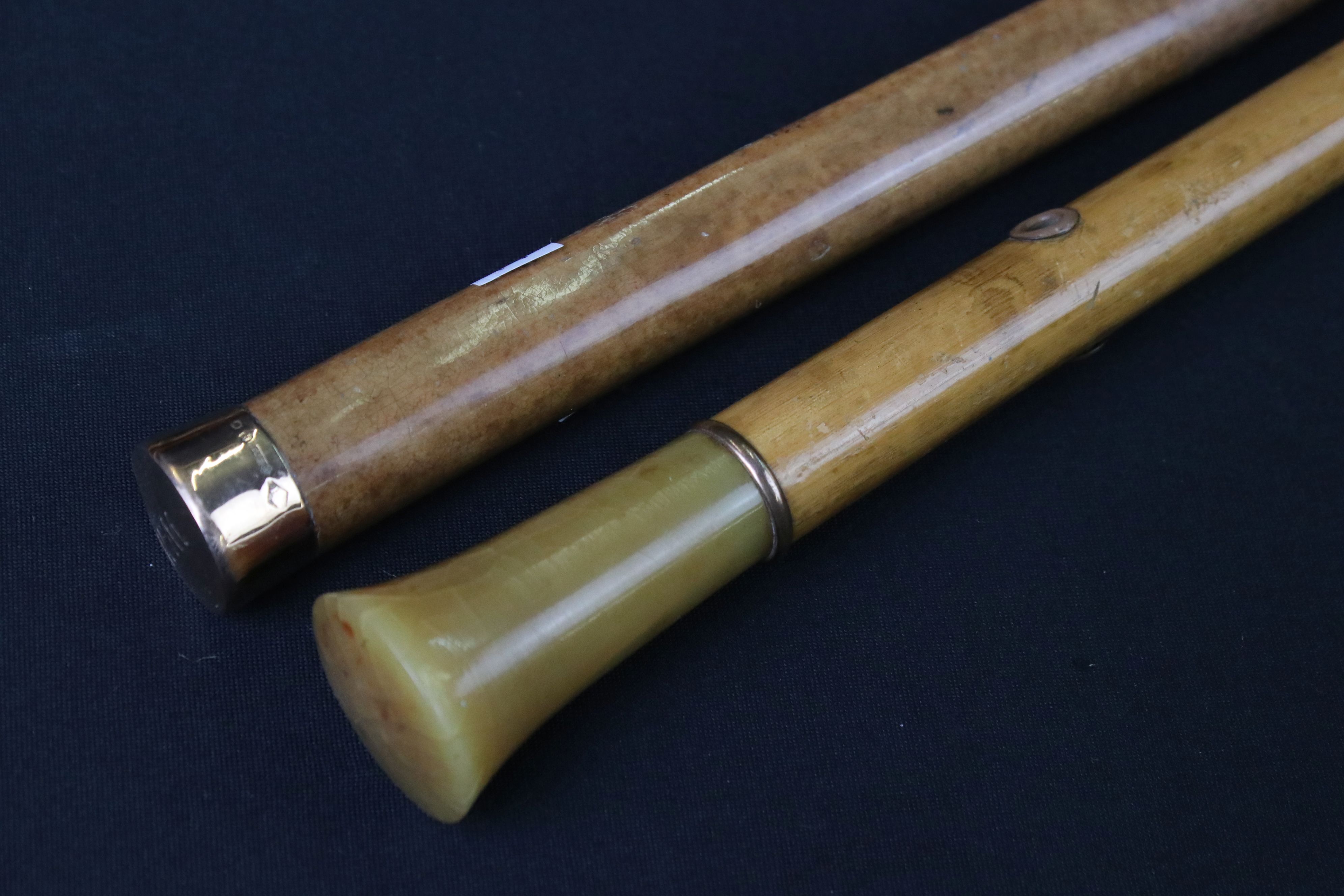 Malacca gold topped walking cane, another Malacca cane with horn handle, one other cane & a - Image 2 of 7