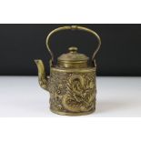 Chinese bronze teapot & cover with relief dragon and wave decoration, hinged handle, 4 character