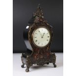 19th Century French Boulle style Mantle Clock with faux tortoiseshell inlay, gilt metal scrolling