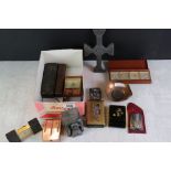 Collection of mixed ephemera to include an Irish Celtic cross, a Japanese box, a travel clock with