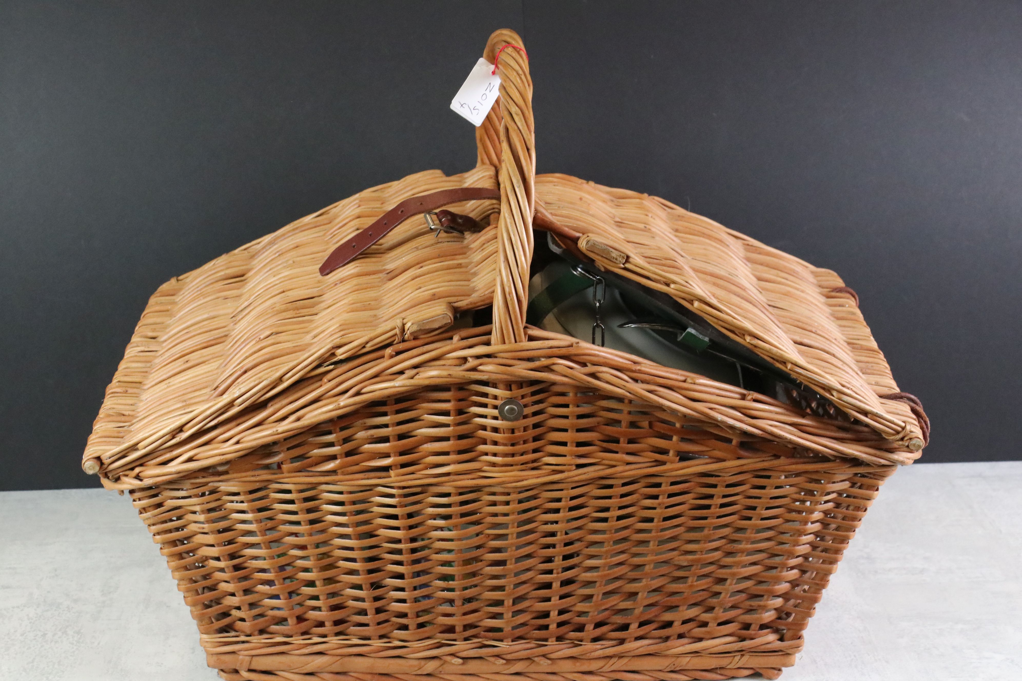 Wicker Twin Lidded Picnic Hamper, fitted with 4 plates and 4 mugs, 54cm x 34cm (a/f)