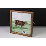 Rare Minton & Hollins hand painted ceramic tile depicting a provincial study of a bull in a meadow