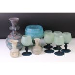 Group of mixed glassware comprising a set of 6 moulded wine glasses with opaque blue glass knopped