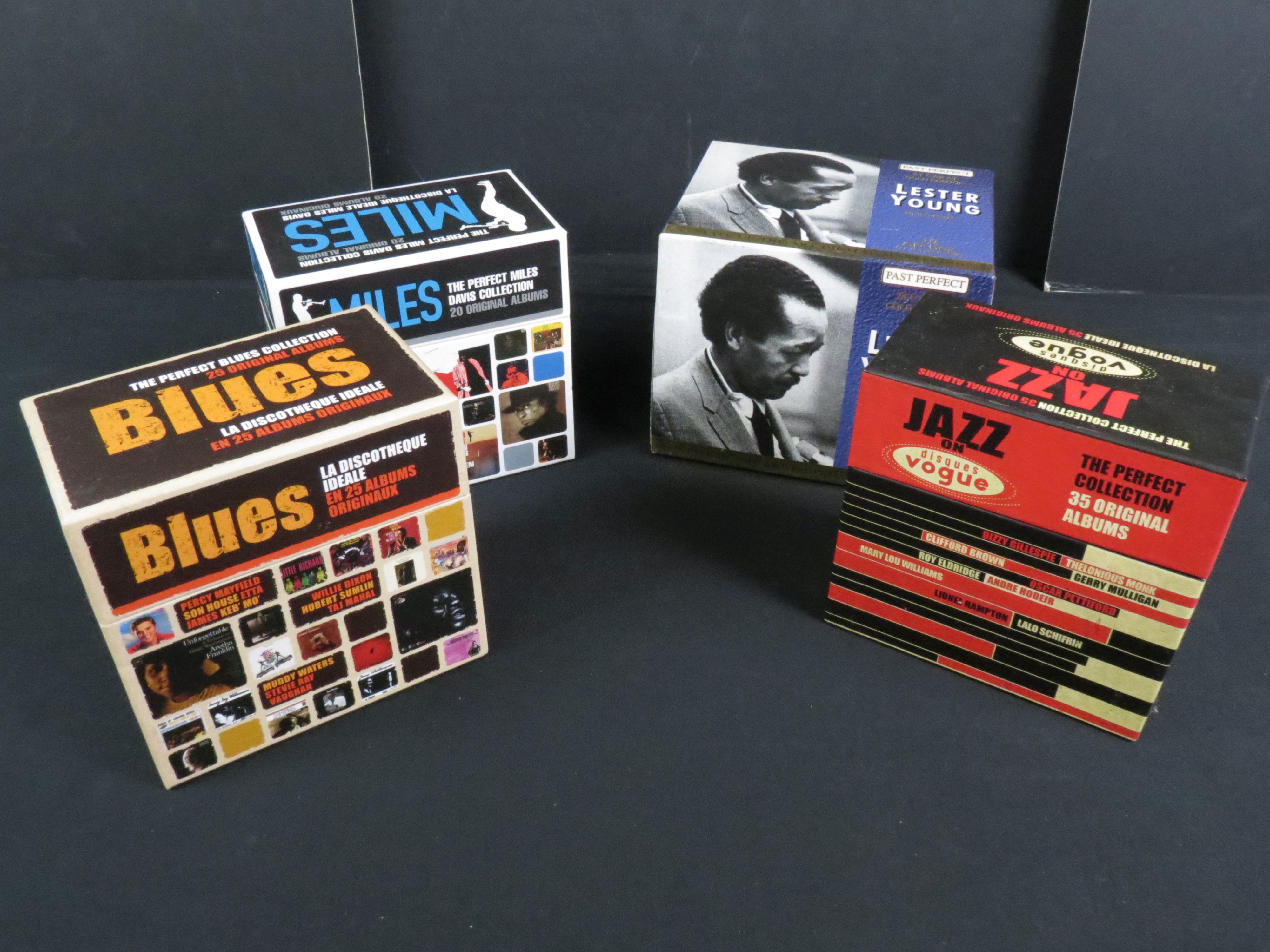 CDs - Four box sets to include 2 x La Discotheque (Miles 20 CDs & Blues 25 CDs), Jazz On Disques