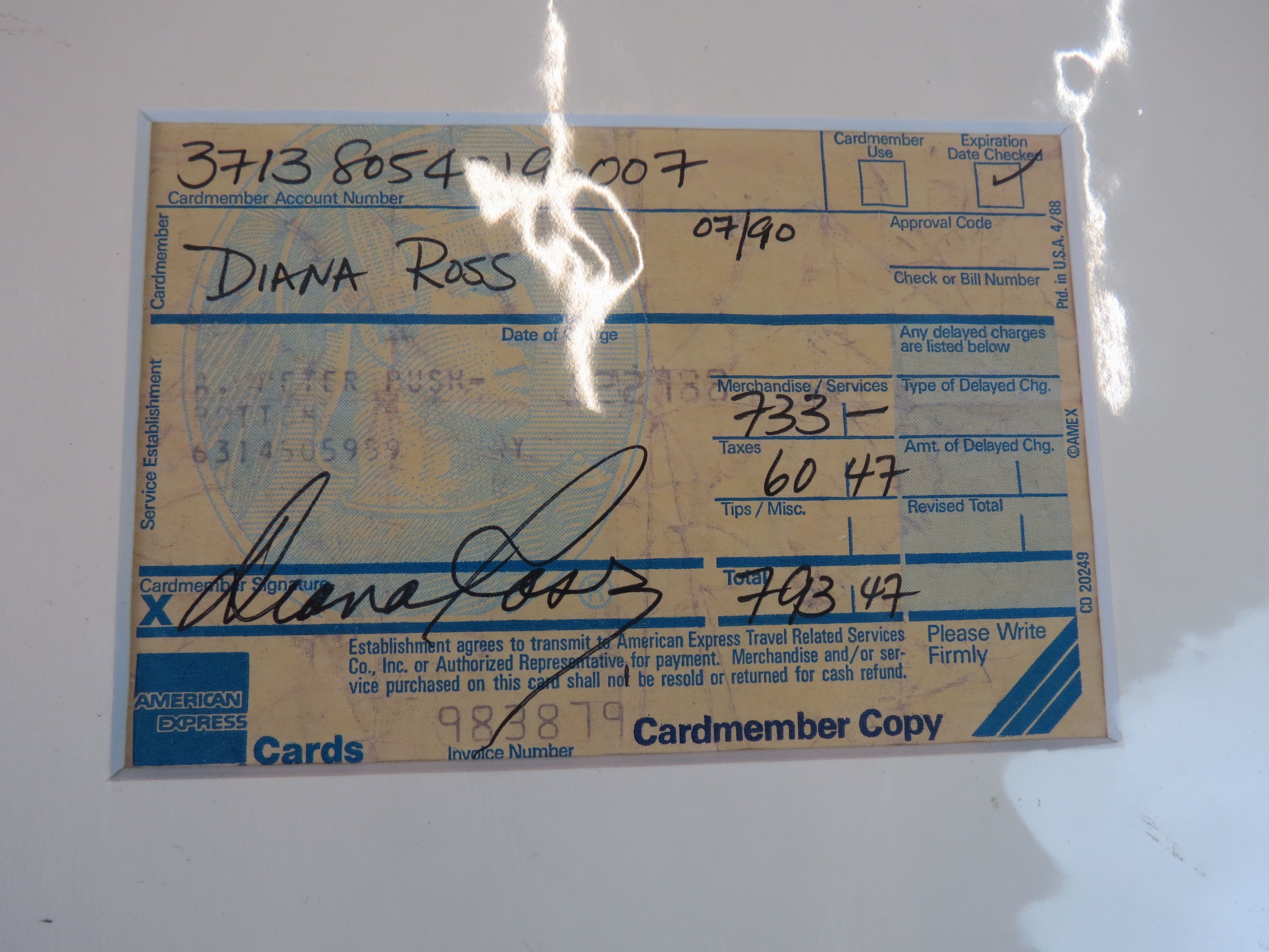 Memorabilia - Autographs - Diana Ross Amex card receipt card expiration date shown as July 1990, and - Image 2 of 3