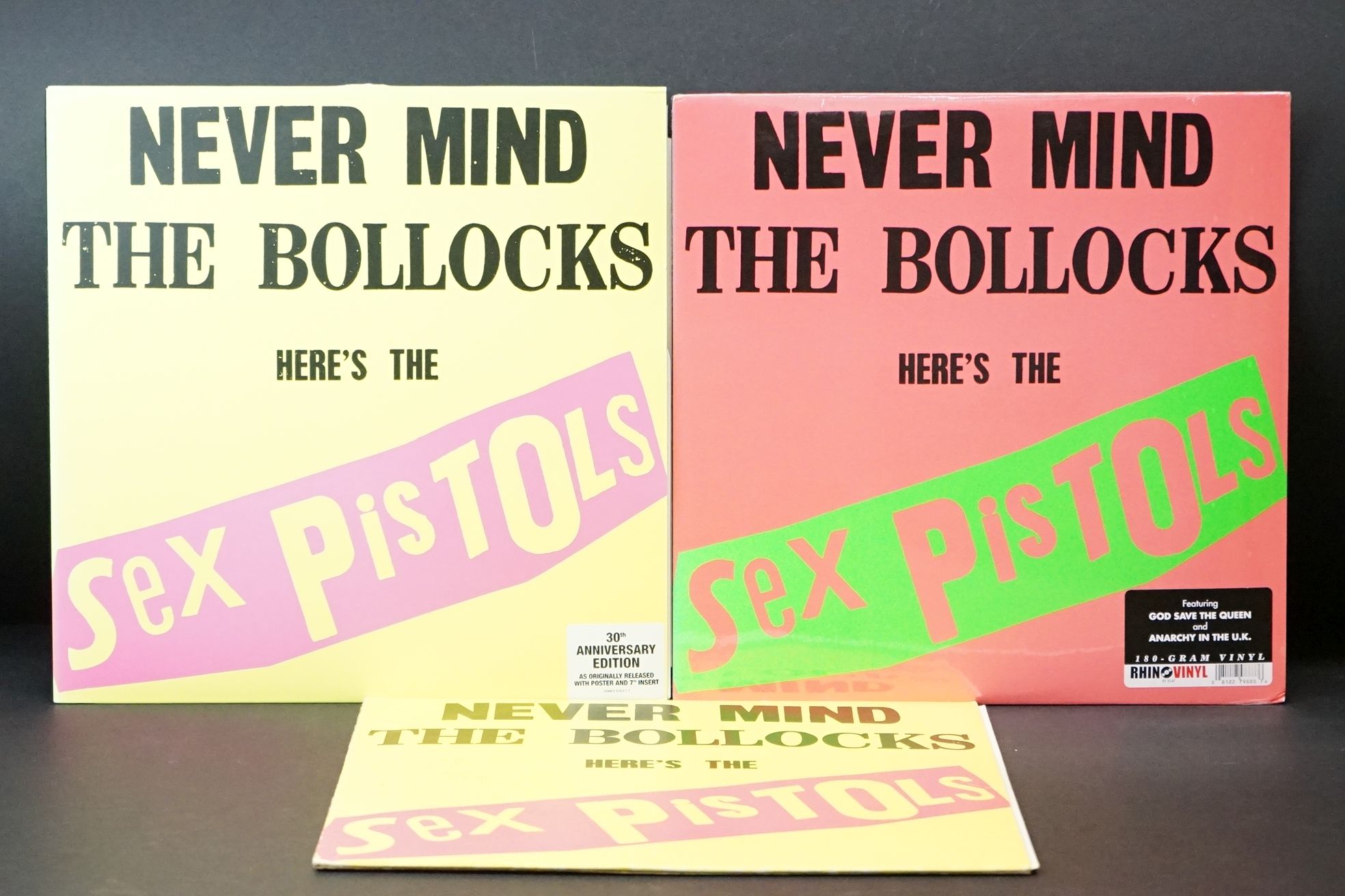 Vinyl - 3 Copies of Sex Pistols Never Mind... to include 2007 30th anniversary reissue, has 2cm loss