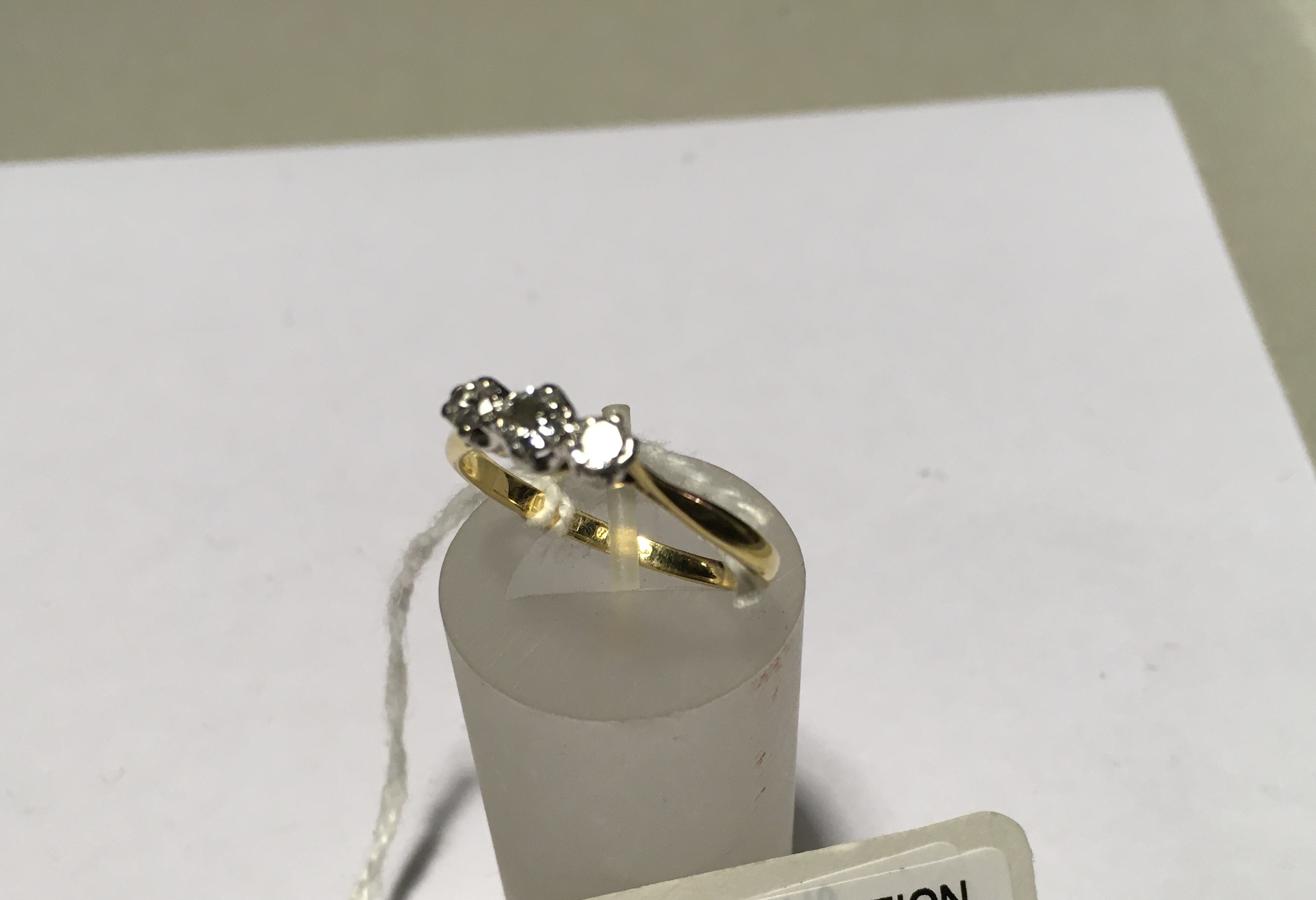 Triple DIAMOND ring on an 18ct GOLD shank, 2.9 grams size S the top with 3 good quality diamonds, - Image 2 of 3