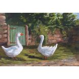 P A WEST (20th Century) Two White Geese, Gouache, Signed lower right, 10" x 14.25" (25cm x 36cm)