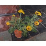 Valerie WILSON (Nee KNIGHT) (British 1950-2004) Marigolds in a Terracotta Pot, Oil on canvas,