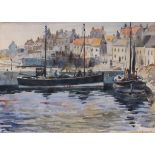 British 19th/20th Century Moored Fishing Vessels in a Continental Port, Watercolour, Indistinctly