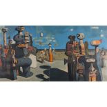 20th Century Continental Abstract Figures on a Quay, Lithograph, Indistinct signature and dated '
