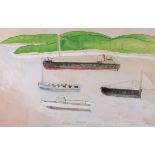 Bryan PEARCE (British 1929-2006) Coaster and Four Other Moored Vessels, Watercolour, Signed lower