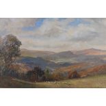 Thomas KINGSTON (British 1863-1929) Shepherd and Flock in Extensive Landscape, Oil on board,