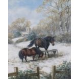 G WILLIAMS (British 20th/21st Century) Winter Scene with Ponies and Church Beyond, Oil on board,