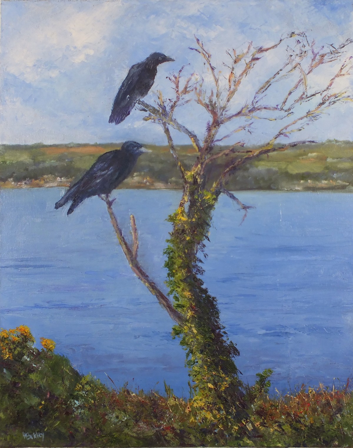 Lesley BICKLEY (British b. 1955) Crows, Trenow Cove, Oil on canvas, Signed lower left, 19.75" x 15.