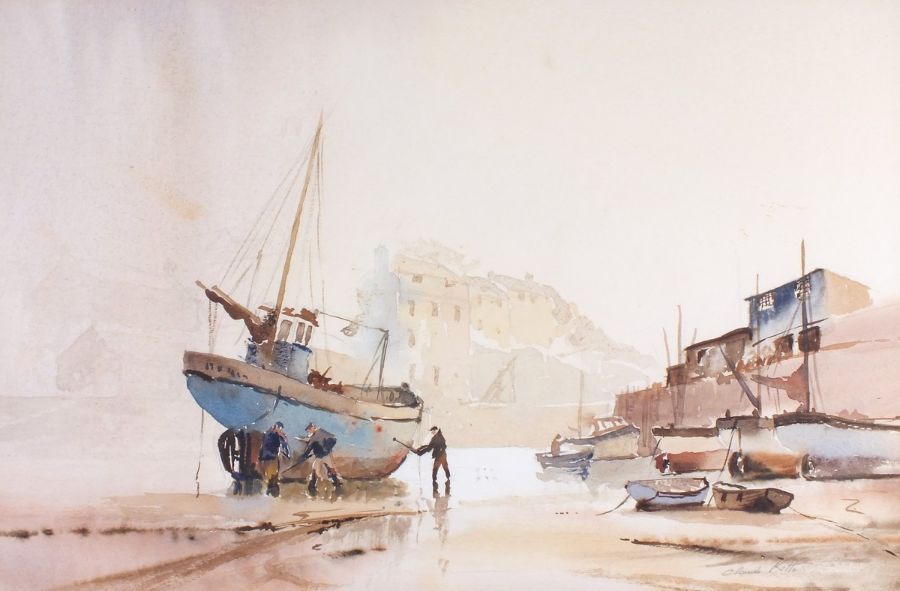 Claude KITTO (British 1913-2004) Scrubbing Down - Low Tide Mevagissey, Watercolour, Signed lower