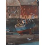 Peter HOWELL (British b. 1932) Fishing Vessel Low Tide Polperro, Oil on board, Signed lower left,