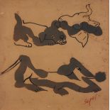 Hyman SEGAL (British 1914-2004) Dogs and a Cat, Ink on paper, Signed lower right, 13.75" x 13.75" (