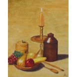 G B (20th Century British School) Still Life with Fruit and Candle, Oil on canvas board, Signed with