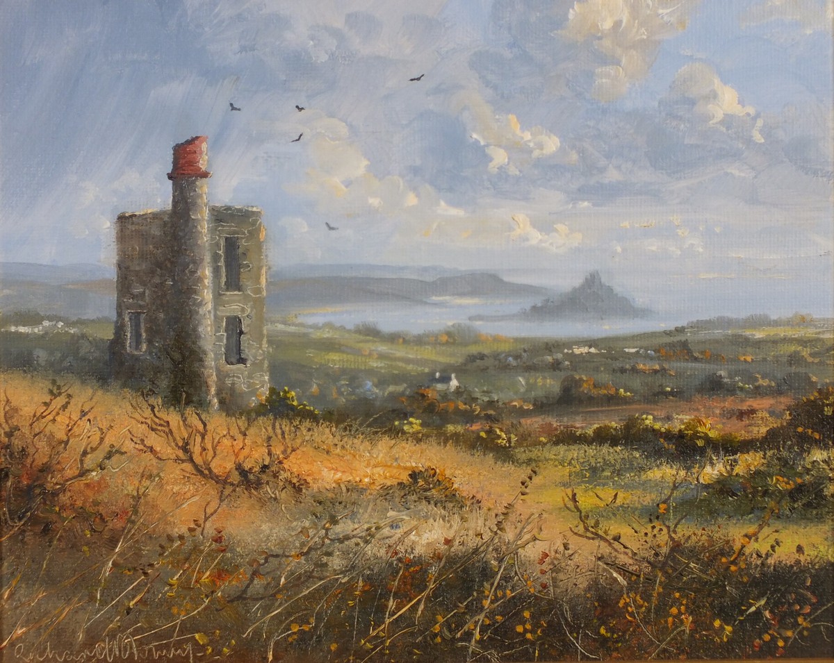 Richard BLOWEY (British b. 1947) Cornish Engine House above Mounts Bay, Oil on canvas-board,