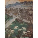 Mary Blanche KEMBERY (British 20th/21st Century) Sheep and Pollarded Willows, Ceramic tile (framed),