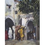 Moroccan School 20th Century Woman in Yellow in Backstreet, Oil on board, 17.25" x 13.25" (44cm x