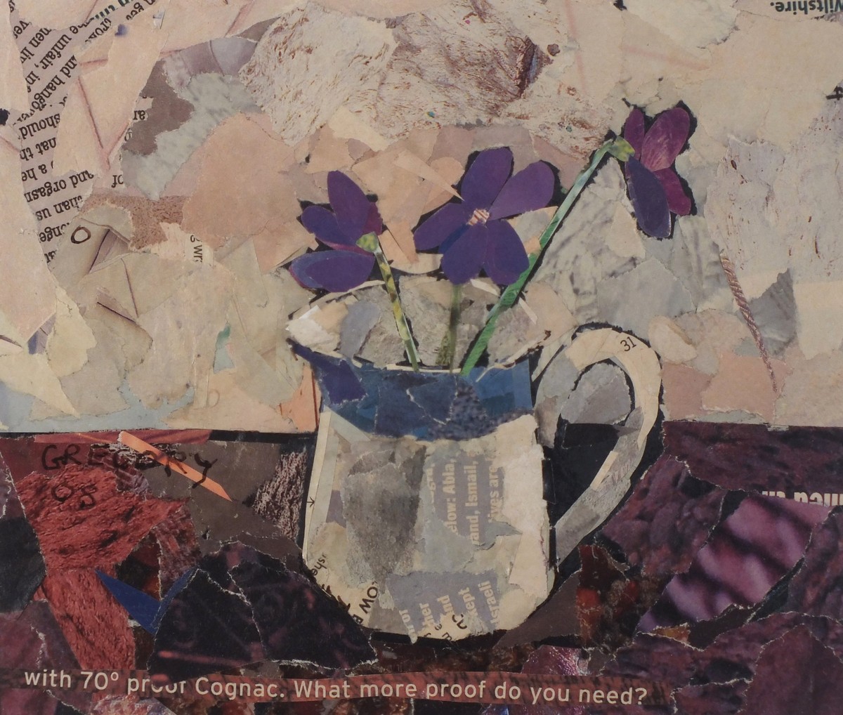 Annabelle GREGORY (British b, 1941) Joy of Violets, Collage, Signed and dated '08 mid left, titled