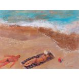 Richard SORRELL (British b. 1948) Sunbathers Quite Beach, Acrylic on board, Signed lower right, 8" x