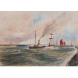 PERRY (British 19th/20th Century) Tug with Vessel in Tow Entering a Harbour (possibly Cherbourg),